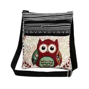 Cream Embroidered Tote Owl Floral Purse Colorful Crossbody Bag Zipper Pocket NEW